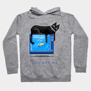 Cartoon black cat with a TV and a fish on the screen and the inscription "Play with me". Hoodie